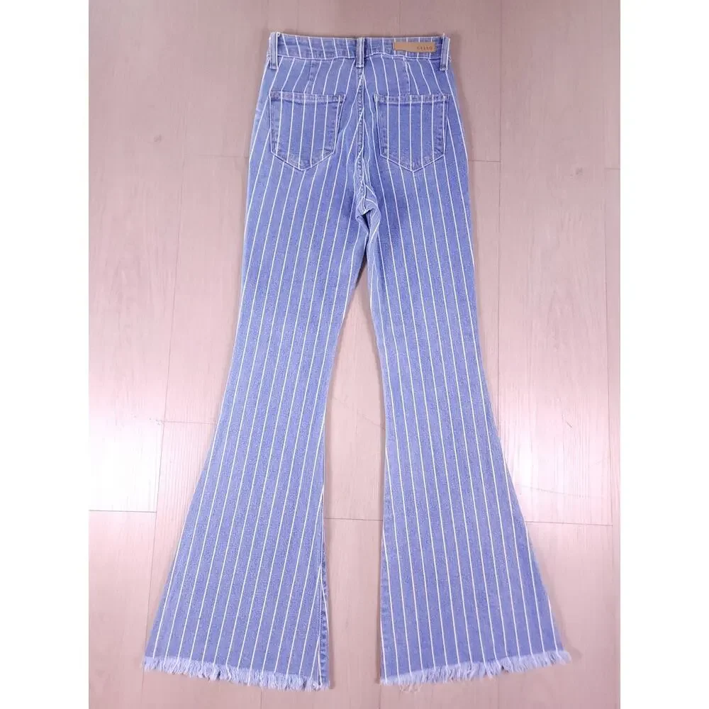 Cello High Rise Pinstripe Flare Jeans Size 00/0 Bell Bottom Raw Hem Retro Y2K - Picture 8 of 12